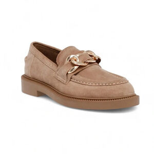 STEVE MADDEN Tan Suede Karmine Chunky Slip On Leather Loafer w Chain 5.5